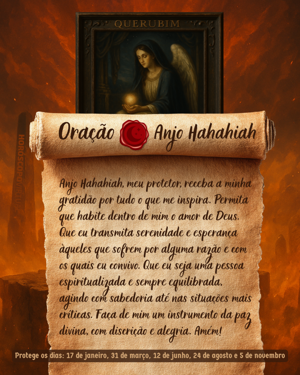 Imagem vertical, com fundo em tons de laranja e marrom. Na parte superior, há um quadro representando um anjo. Um pergaminho antigo ocupa a maior parte da imagem e apresenta o título “Oração Anjo Hahahiah” e a oração: 