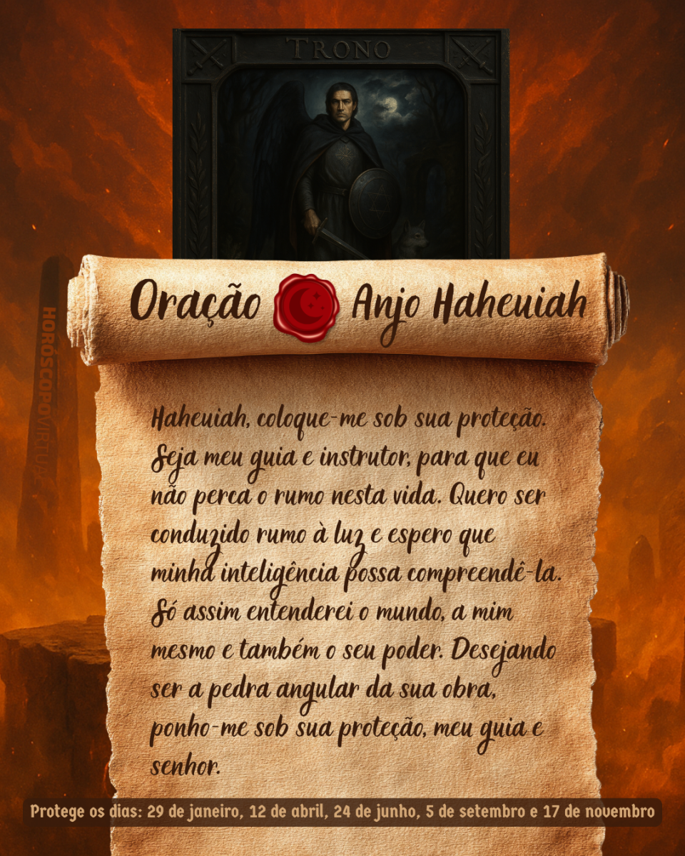 HORÓSCOPO ViRTUaL / Canva Imagem vertical, com fundo em tons de laranja e marrom. Na parte superior, há um quadro representando um anjo. Um pergaminho antigo ocupa a maior parte da imagem e apresenta o título “Oração Anjo Haheuiah” e a oração: