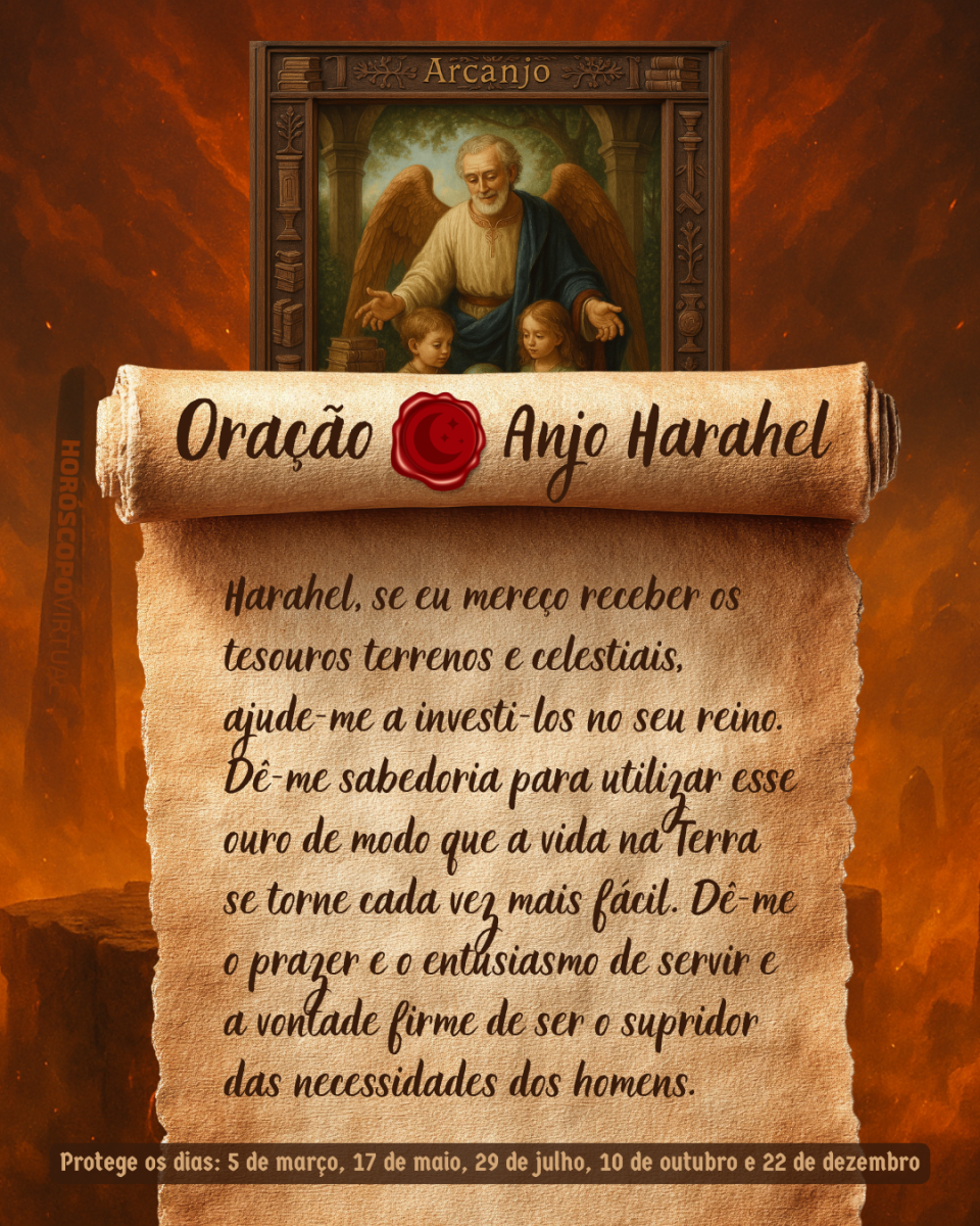 Imagem vertical, com fundo em tons de laranja e marrom. Na parte superior, há um quadro representando um anjo. Um pergaminho antigo ocupa a maior parte da imagem e apresenta o título “Oração Anjo Harahel” e a oração: 