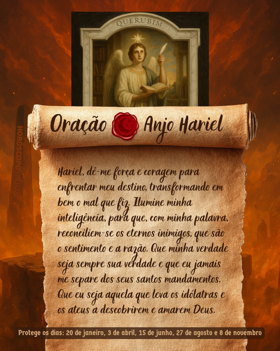 Imagem vertical, com fundo em tons de laranja e marrom. Na parte superior, há um quadro representando um anjo. Um pergaminho antigo ocupa a maior parte da imagem e apresenta o título “Oração Anjo Hariel” e a oração: 