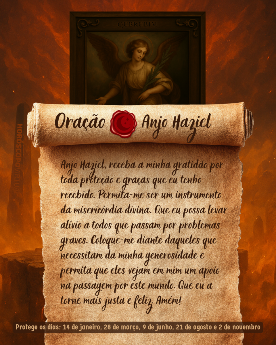 Imagem vertical, com fundo em tons de laranja e marrom. Na parte superior, há um quadro representando um anjo. Um pergaminho antigo ocupa a maior parte da imagem e apresenta o título “Oração Anjo Haziel” e a oração: 