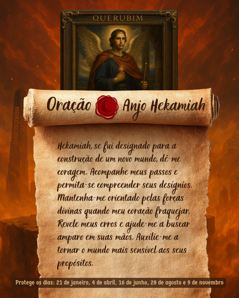 Imagem vertical, com fundo em tons de laranja e marrom. Na parte superior, há um quadro representando um anjo. Um pergaminho antigo ocupa a maior parte da imagem e apresenta o título “Oração Anjo Hekamiah” e a oração: 