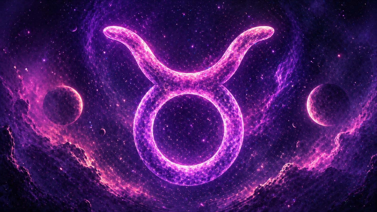 HORÓSCOPO ViRTUaL / Canva Símbolo de Touro em roxo e rosa no centro, sobre fundo espacial com planetas e estrelas.