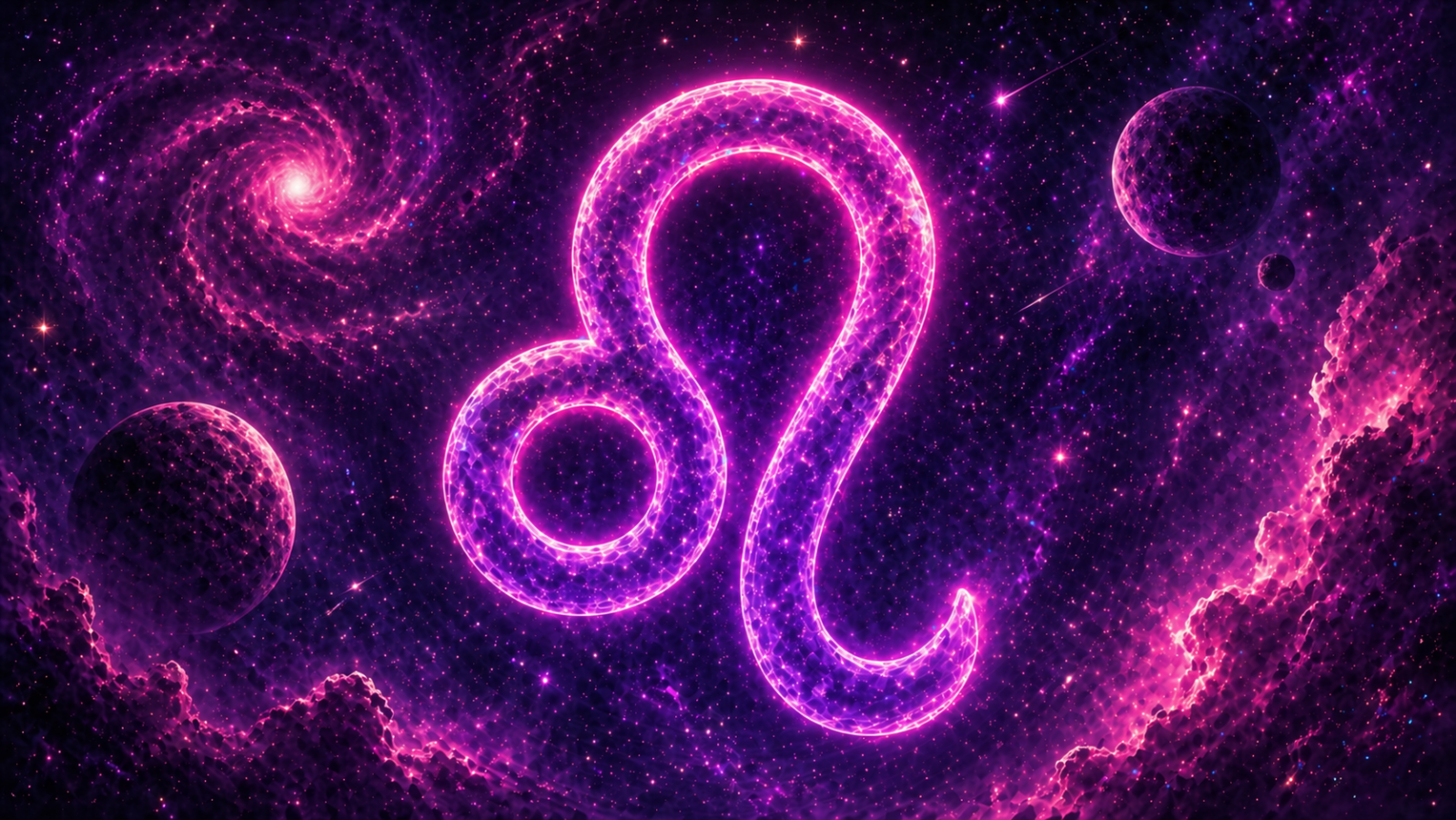 HORÓSCOPO ViRTUaL / Canva Símbolo de Leão em roxo e rosa no centro, sobre fundo espacial com planetas e estrelas.