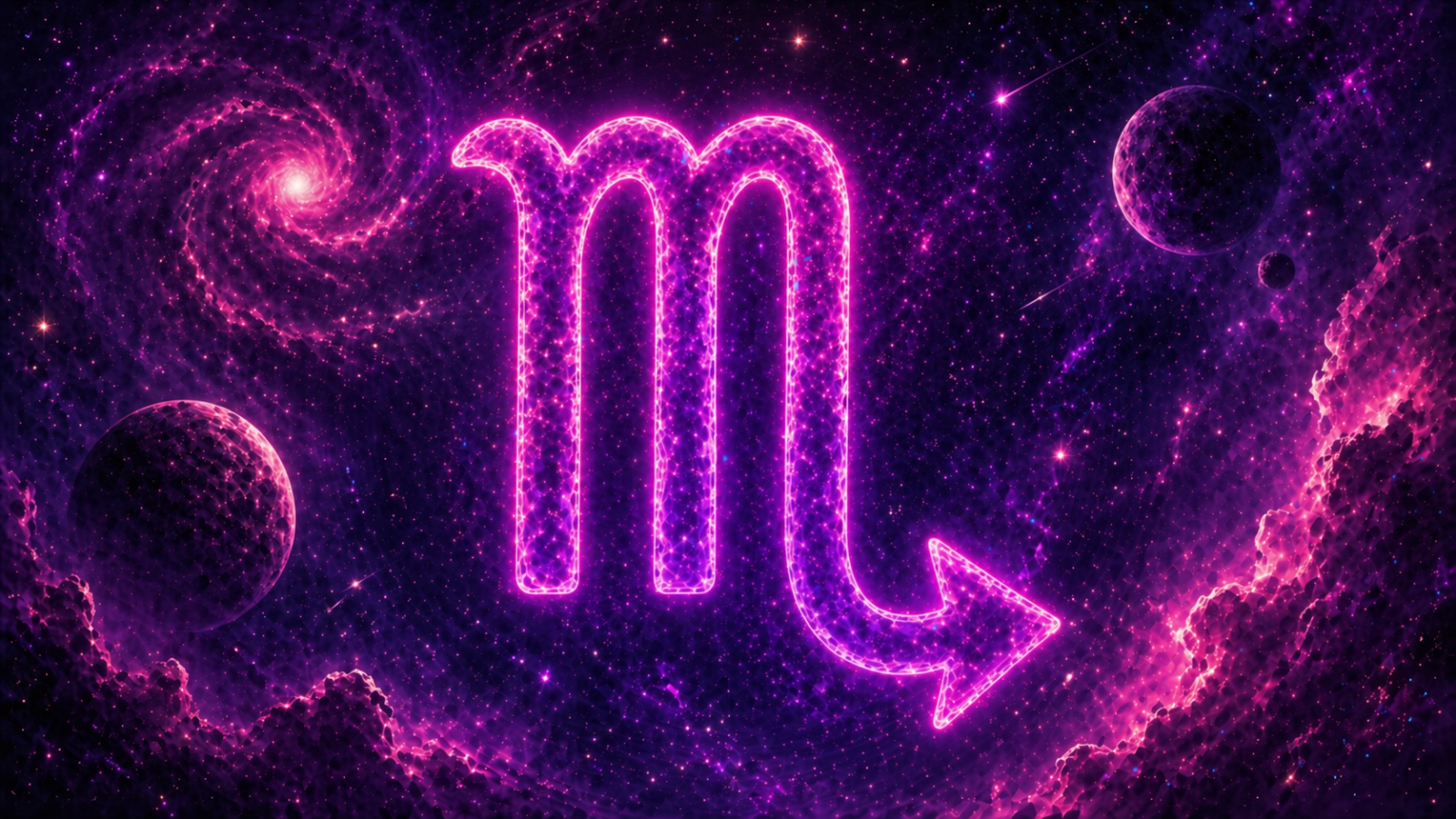 HORÓSCOPO ViRTUaL / Canva Símbolo de Escorpião em neon rosa brilhante sobre fundo cósmico com galáxias e planetas em tons de roxo e magenta.