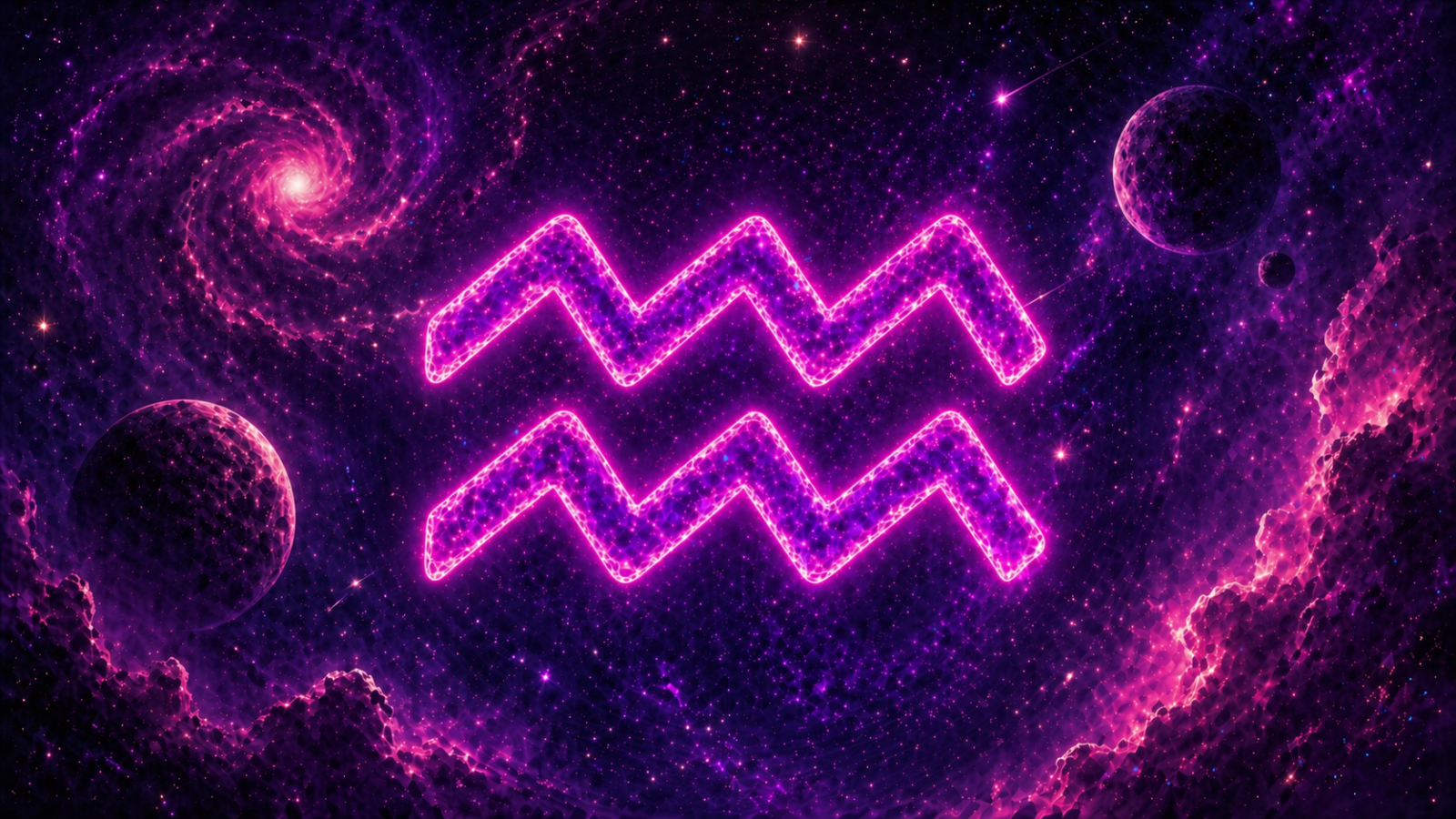 HORÓSCOPO ViRTUaL / Canva Símbolo de Aquário em neon rosa brilhante sobre fundo espacial com galáxias, estrelas e planetas em tons de roxo e magenta.