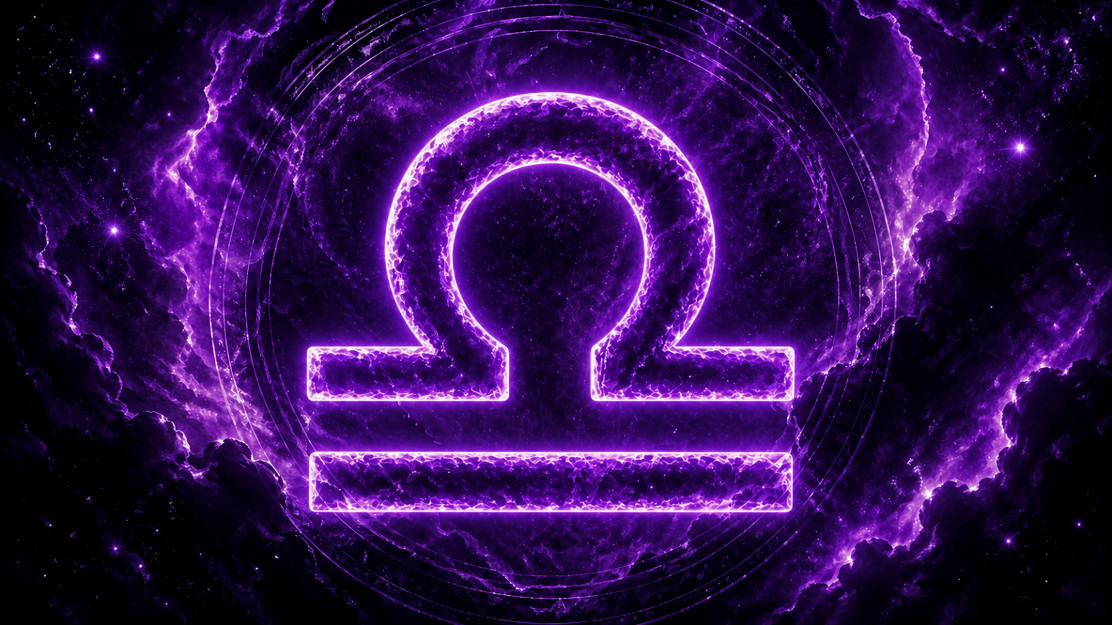 Símbolo de Libra brilhante em roxo no centro, sobre fundo cósmico com nuvens e estrelas em tons de roxo.