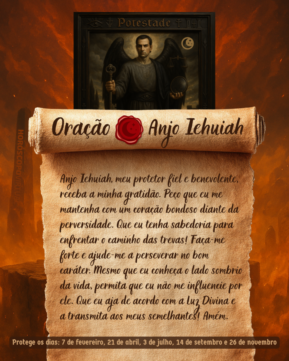 Imagem vertical, com fundo em tons de laranja e marrom. Na parte superior, há um quadro representando um anjo. Um pergaminho antigo ocupa a maior parte da imagem e apresenta o título “Oração Anjo Iehuiah” e a oração: 