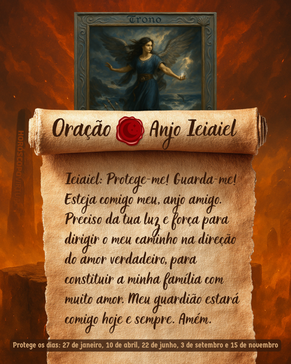 HORÓSCOPO ViRTUaL / Canva Imagem vertical, com fundo em tons de laranja e marrom. Na parte superior, há um quadro representando um anjo. Um pergaminho antigo ocupa a maior parte da imagem e apresenta o título “Oração Anjo Ieiaiel” e a oração: