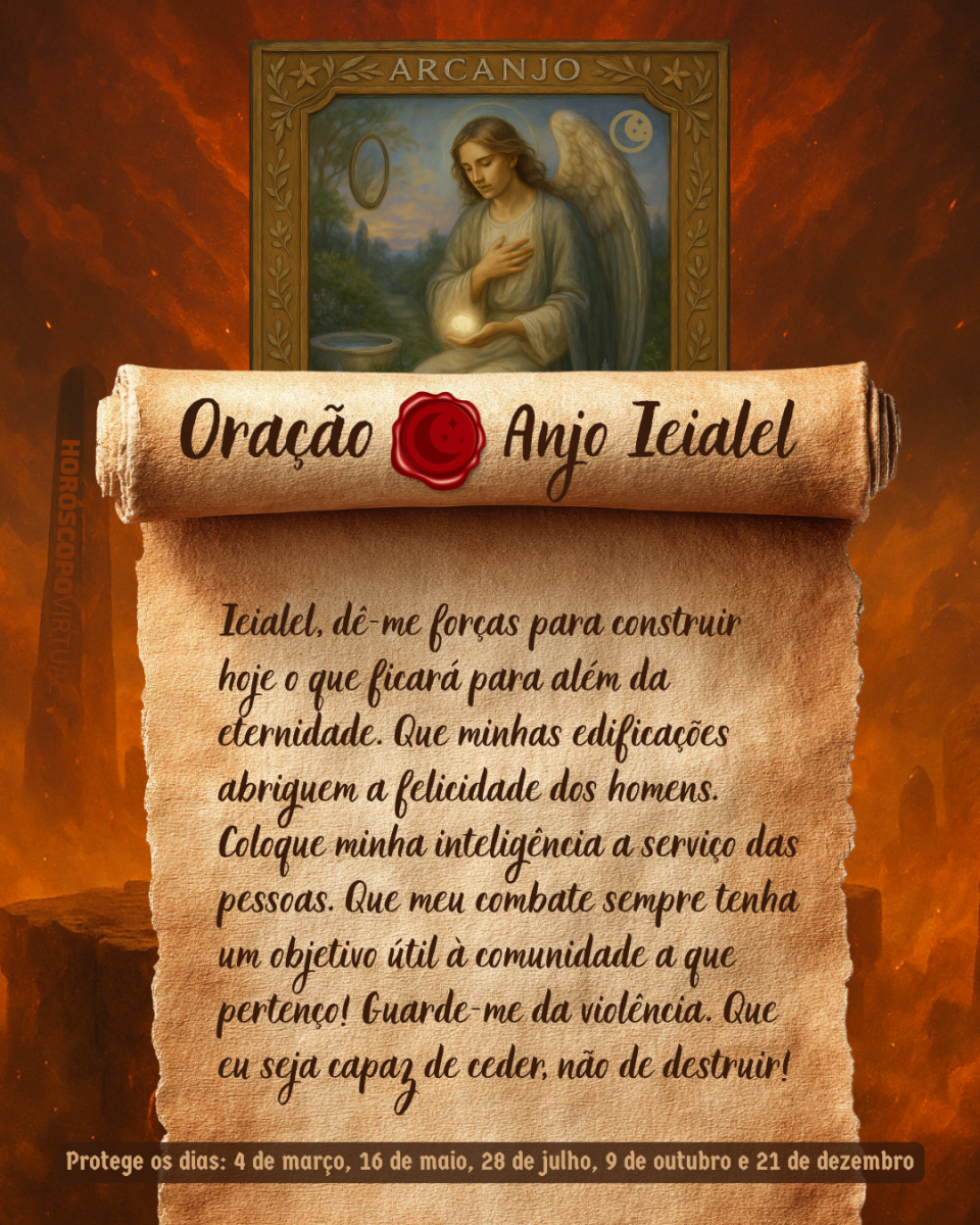 Imagem vertical, com fundo em tons de laranja e marrom. Na parte superior, há um quadro representando um anjo. Um pergaminho antigo ocupa a maior parte da imagem e apresenta o título “Oração Anjo Ieialel” e a oração: 