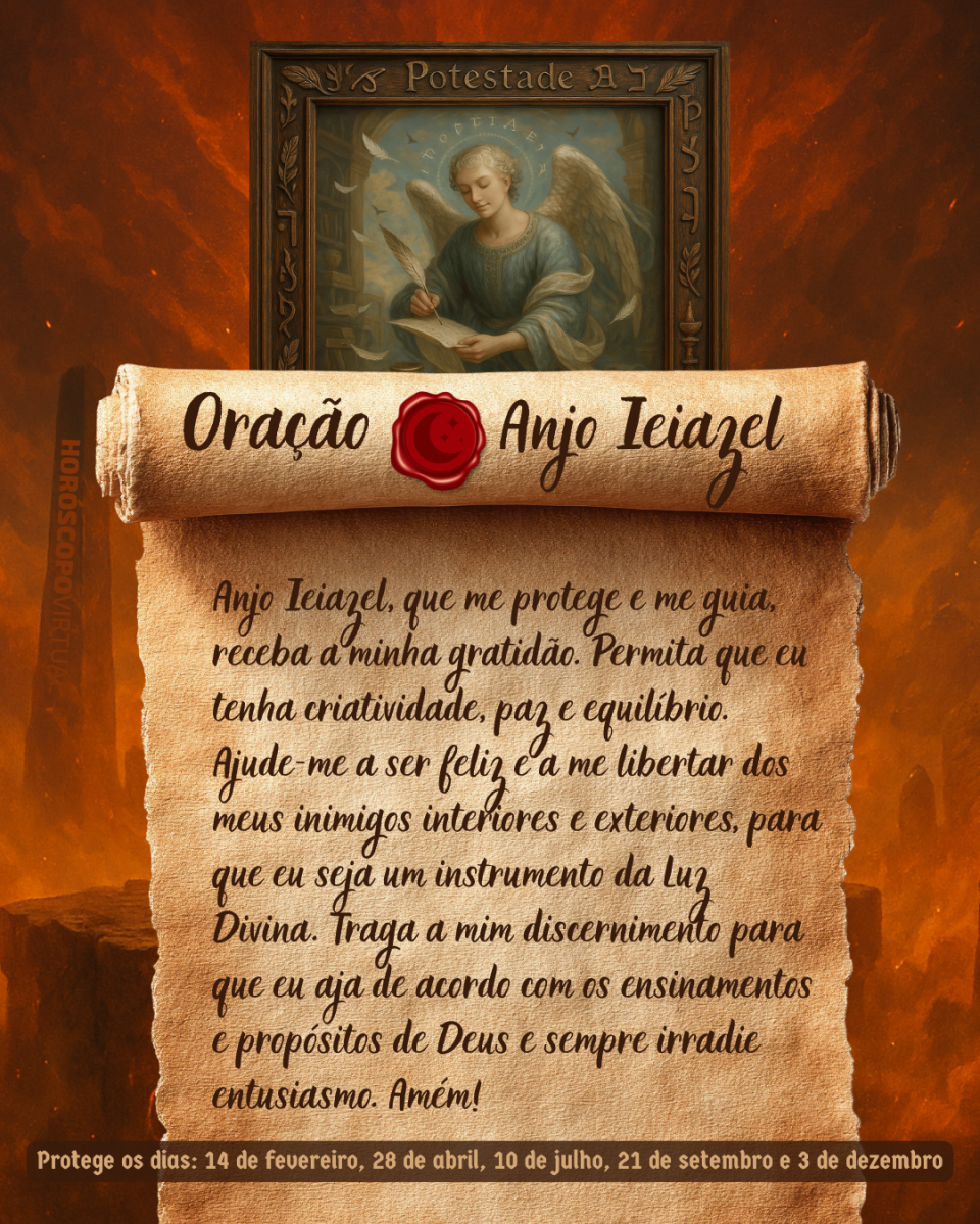 Imagem vertical, com fundo em tons de laranja e marrom. Na parte superior, há um quadro representando um anjo. Um pergaminho antigo ocupa a maior parte da imagem e apresenta o título “Oração Anjo Ieiazel” e a oração: 