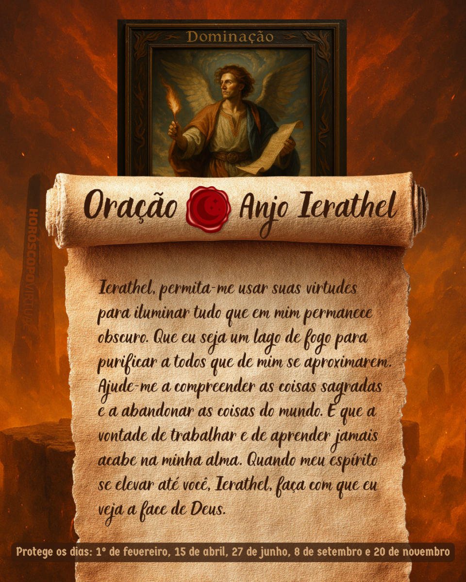 Imagem vertical, com fundo em tons de laranja e marrom. Na parte superior, há um quadro representando um anjo. Um pergaminho antigo ocupa a maior parte da imagem e apresenta o título “Oração Anjo Ierathel” e a oração: 