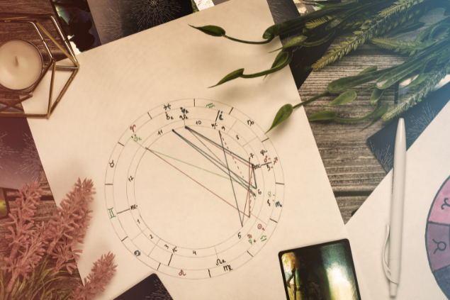Mapa astral impresso em cima de uma mesa com velas, flores e caneta