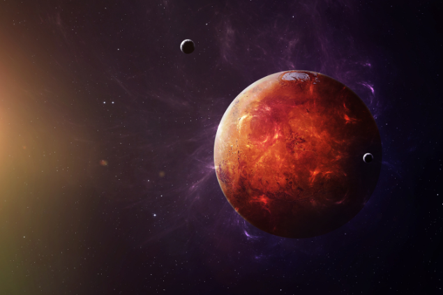 Foto de Marte no espaço e em volta, outros planetas.