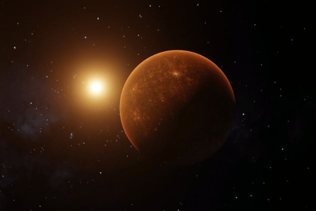 Imagem do planeta Mercúrio em 3D e, ao fundo, há o Sol no universo.