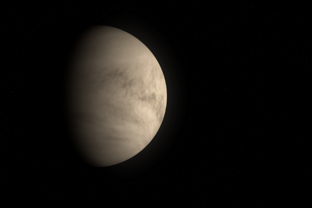 Imagem do planeta Vênus e, ao fundo, há o universo. Vênus está   um pouco encoberto pela sombra.