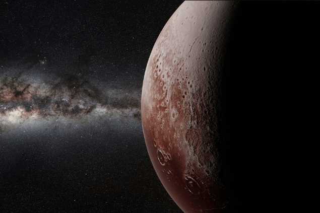 Imagem do planeta anão Plutão e, ao fundo, há o universo.