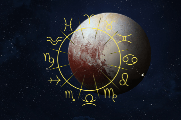 Imagem do planeta anão Plutão e, ao fundo, há o universo. Na frente, há os símbolos dos signos do zodíaco.