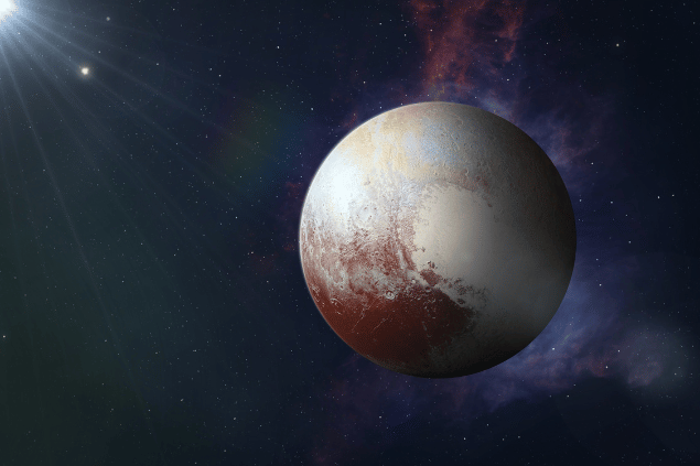 Imagem do planeta anão Plutão e, ao fundo, há o universo.
