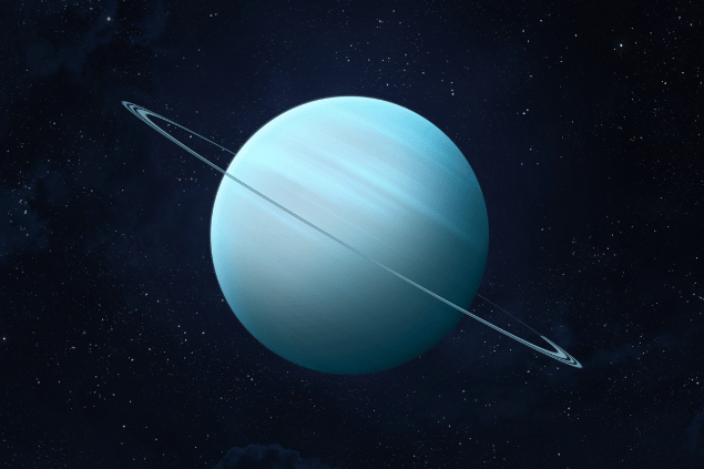 Imagem do planeta Urano e, ao fundo, há o universo.