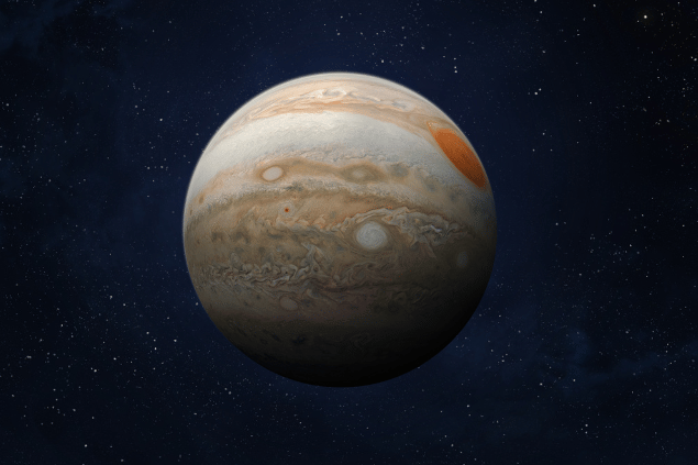 Imagem do planeta Júpiter e, ao fundo, há o universo.