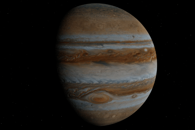 Imagem do planeta Júpiter e, ao fundo, há o universo.