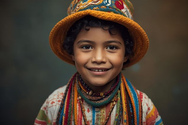 Imagem do Erê Pedrinho (entidade criança da umbanda), que usa roupas coloridas, leves ou em tons claros, simbolizando pureza, inocência e alegria. Frequentemente usa chapéu ou boné infantil, além de guias ou cordões de proteção.