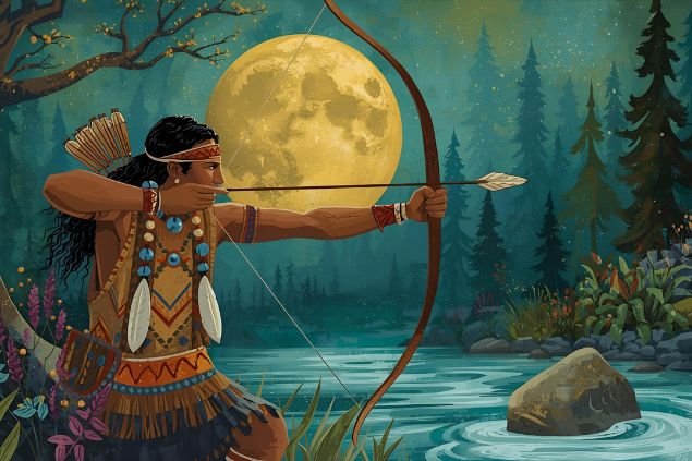 Imagem de Oxóssi que é representado usando o arco e flecha, é conhecido como “o caçador de uma flecha só”. Está ligado à Lua, pois é na noite que encontra o melhor momento para a caça. As cores de Oxóssi são o verde, o azul e o azul-turquesa – que representam basicamente a natureza (rios e mata).