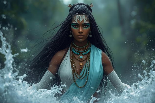 Canva/horoscopovIrtuAl Imagem de Otin, entidade ligada a Oxóssi que possui uma energia firme e acolhedora.  Otin é tradicionalmente representada com vestes em tons de azul-claro, verde e branco, cores que evocam as águas doces e as matas.