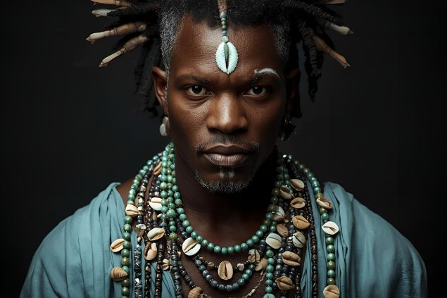 Canva/horoscopovIrtuAl imagem do Inlé, entidade ligada à Oxóssi que representa a força das águas serenas que limpam e curam, sem jamais perder sua profundidade e poder. Inlé é tradicionalmente representado com vestes em tons de azul-claro, verde e prateado. Costuma usar fios de contas nas mesmas cores, adornados com búzios, conchas ou metais brilhantes.