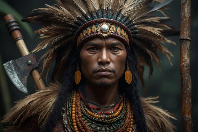 Imagem do Caboclo Arranca-Toco que costuma ser representado com trajes em tons de verde-escuro, marrom e vermelho-terra, cores que expressam o vigor das matas e a energia vital que pulsa na natureza. Usa cocar de penas firmes, colares de sementes e, muitas vezes, carrega um bastão, machadinha ou lança, símbolos de sua força e poder de ação espiritual. Seu semblante é firme e decidido.