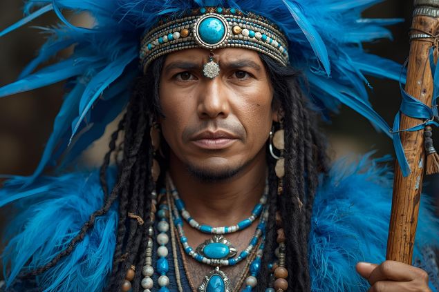 Imagem do Caboclo Pena Azul que é tradicionalmente representado com roupas em tons de azul, branco e prata, cores que simbolizam a espiritualidade. Usa adornos de penas azuis e prateadas, colares de contas naturais.