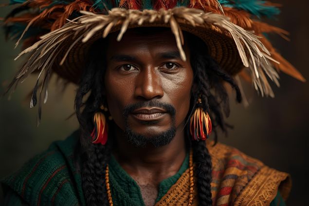 Canva/horoscopovIrtuAl Imagem do Exu das Matas que costuma ser representado com roupas em tons de verde, marrom e vermelho-terra, que remetem às cores da floresta e ao fogo vital que anima a natureza. Costuma usar chapéu de palha ou penas. Seu olhar transmite calma e confiança.