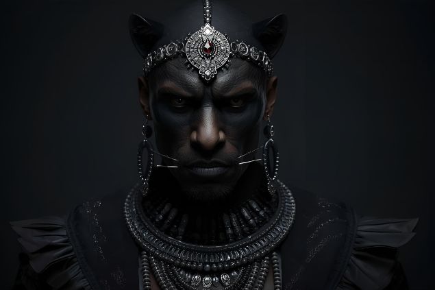 Canva/horoscopovIrtuAl Imagem de Exu Pantera Negra representado com roupas negras e prateadas. Usa colares e adornos escuros, muitas vezes com detalhes metálicos. Sua figura transmite serenidade, domínio e respeito, como o olhar firme de uma pantera em alerta.