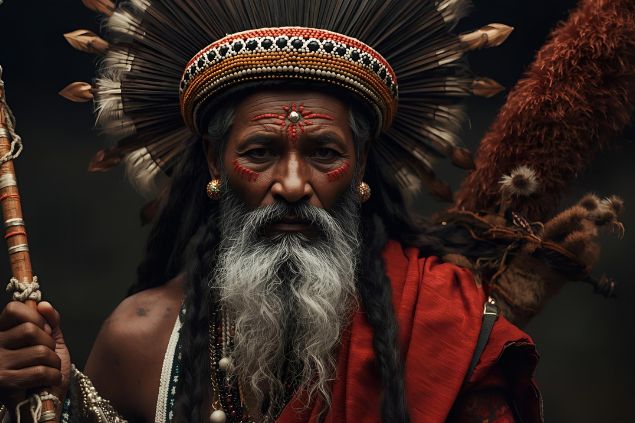 Canva/horoscopovIrtuAl Imagem do Exu Pimenta representado com roupas em tons de vermelho, preto e branco, cores que simbolizam força, proteção e pureza. Ele utiliza adornos de contas, colares e elementos naturais. Seu semblante transmite energia, firmeza e dinamismo.