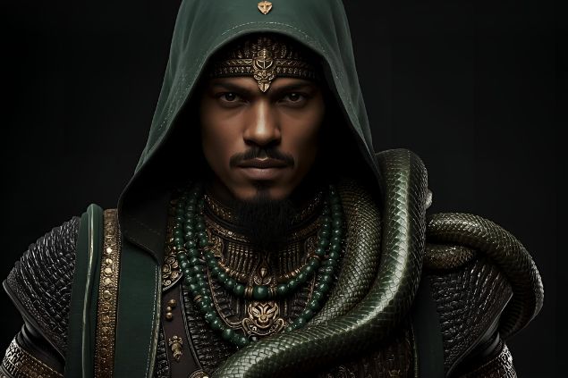 Canva/horoscopovIrtuAl Imagem do Exu Cobra representado com roupas em tons de verde-escuro, preto e dourado. Usa colares com contas verdes e douradas e, em algumas representações, traz uma serpente como símbolo de sua força e domínio sobre a energia vital.