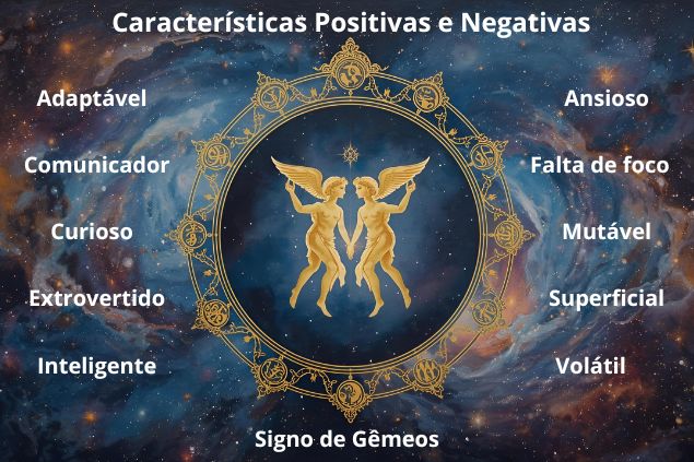 Imagem com as palavras que remetem as características positivas e negativas do signo de gêmeos.