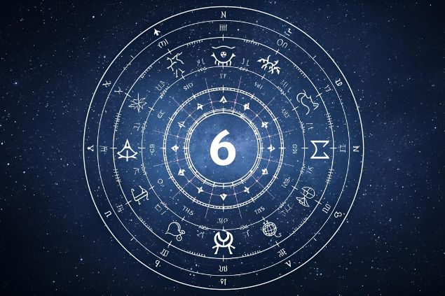 Imagem de uma mandala astrológica com os glifos dos 12 signos e no centro dela o número 6 