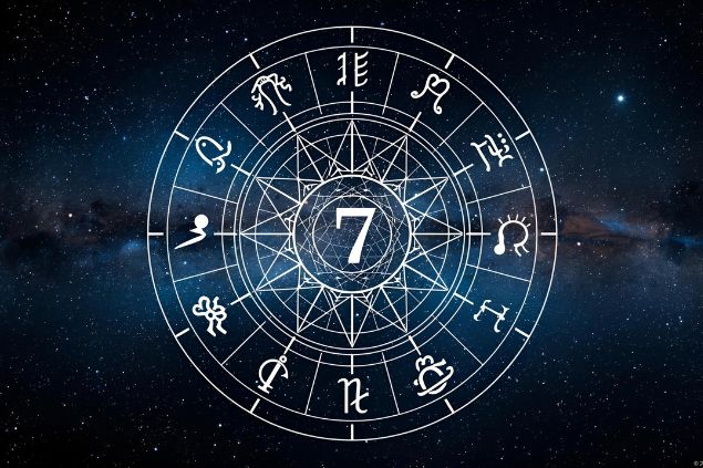 Imagem de uma mandala astrológica com os glifos dos 12 signos e no centro dela o número 7