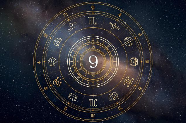 Imagem de uma mandala astrológica com os glifos dos 12 signos e no centro dela o número 9