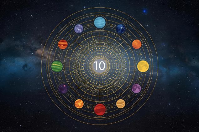 Imagem de uma mandala astrológica com os planetas coloridos, no centro dela o número 10 e de fundo o universo.