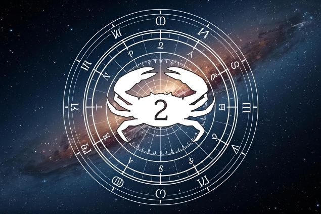 Imagem do glifo de gêmeos com o número 2 no centro de uma mandala astrológica com fundo do universo.