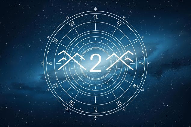 Imagem do glifo de aquário com o número 2 no centro de uma mandala astrológica com fundo do universo.