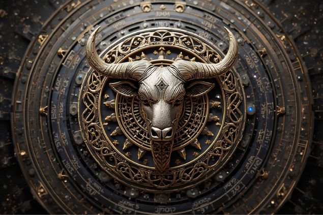 Glifo do signo de touro dentro de uma mandala astrológica e ao fundo o universo.