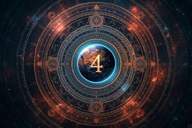 Imagem de Quíron dentro de uma mandala astrológica com o número 4 no centro.