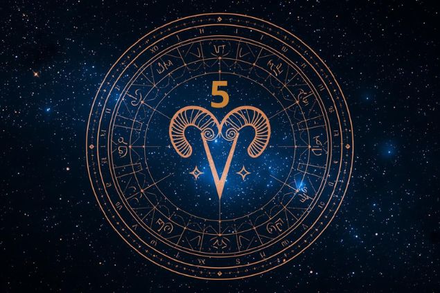 Canva/horoscopovIrtuAl Imagem de uma mandala astrológica com o glifo de áries junto com o número 5 posicionados no centro.
