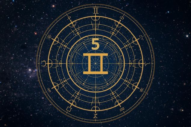 Canva/horoscopovIrtuAl Imagem de uma mandala astrológica com o glifo de gêmeos junto com o número 5 posicionados no centro.