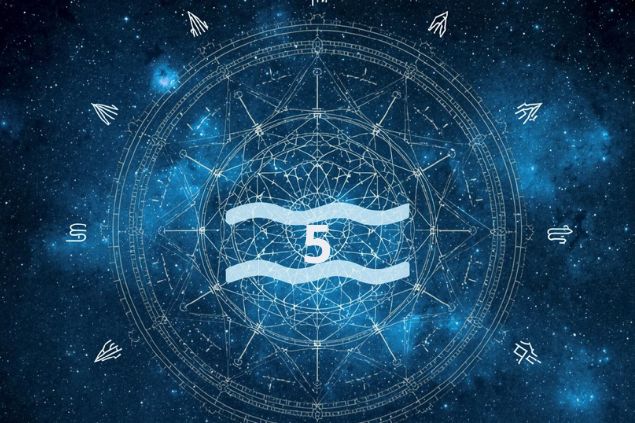 Canva/horoscopovIrtuAl Imagem do glifo de aquário junto com o número 5 no centro de uma mandala astrológica com fundo do universo.