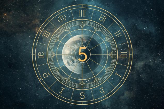 Imagem de Netuno dentro de uma mandala astrológica com o número 5 no centro.