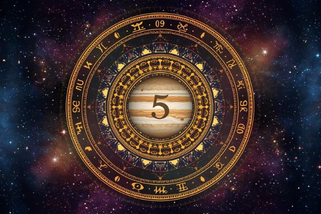 Canva/horoscopovIrtuAl Imagem de Júpiter dentro de uma mandala astrológica com o número 5 no centro.